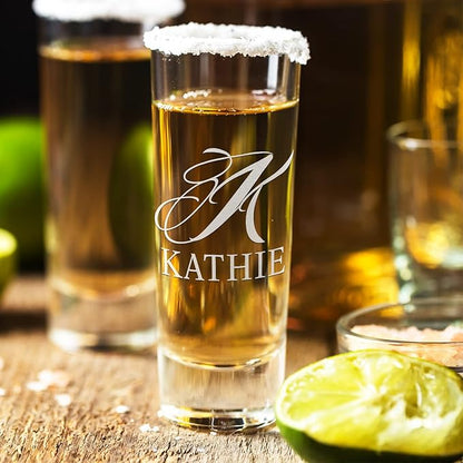Personalized Shot Glass Orange Bottom Custom 2 oz Cordial Shot Glasses Split Script Initial and Name for Gifts, Weddings, Birthdays, Party, Event, Decorations
