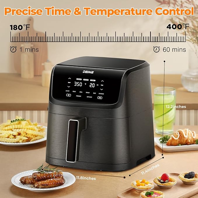 DEIME Air Fryer 7.2 QT 1700W Oilless Oven Healthy Cooker Air Fryers Large Capacity with 8 Presets, Visible Cooking Window, LCD Touch Screen, Customerizable Cooking, Non-Stick Basket (Black)