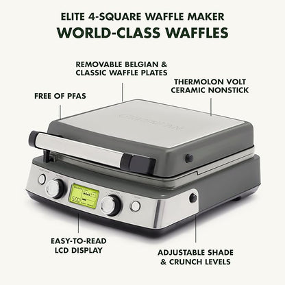 GreenPan Elite 4-Square Belgian & Classic Waffle Maker,Healthy Ceramic Nonstick Dishwasher Safe Plate, Adjustable Shade/Crunch Control, Wont Overflow, Easy Clean, Breakfast,PFAS-Free,Graphite