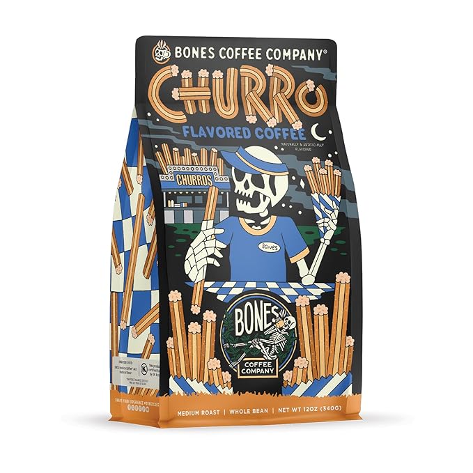 Bones Coffee Company Churro, Sweet Sugary Cinnamon Flavored Coffee, Medium Roast Low Acid Arabica Beans Compatible with Auto drip and French Press Coffee Maker, 12 Oz Whole Bean