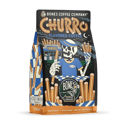 Bones Coffee Company Churro, Sweet Sugary Cinnamon Flavored Coffee, Medium Roast Low Acid Arabica Beans Compatible with Auto drip and French Press Coffee Maker, 12 Oz Whole Bean