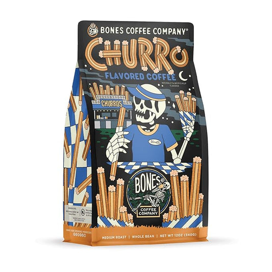 Bones Coffee Company Churro, Sweet Sugary Cinnamon Flavored Coffee, Medium Roast Low Acid Arabica Beans Compatible with Auto drip and French Press Coffee Maker, 12 Oz Whole Bean
