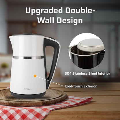 Epsilon Double Wall Electric Kettle 1100W – 1.7L Hot Water Tea Kettle & Hot Water Boiler with Auto Shut-Off, Boil Dry Protection, BPA-Free Stainless Steel Electric Teapot, Fast Boil, Cool Touch Design