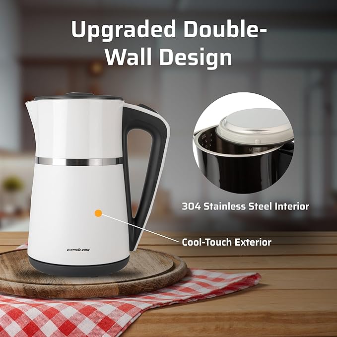 Epsilon Double Wall Electric Kettle 1100W – 1.7L Hot Water Tea Kettle & Hot Water Boiler with Auto Shut-Off, Boil Dry Protection, BPA-Free Stainless Steel Electric Teapot, Fast Boil, Cool Touch Design