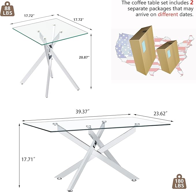 Silver Glass Coffee Table Set of 3 Modern End Table Living Room Side Table, Geometric Metal Legs 39.4 Inch Clear Rectangle Center Cocktail Tables, Chrome Silver