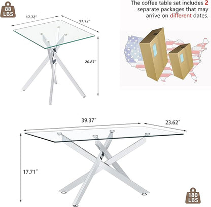 Silver Glass Coffee Table Set of 3 Modern End Table Living Room Side Table, Geometric Metal Legs 39.4 Inch Clear Rectangle Center Cocktail Tables, Chrome Silver