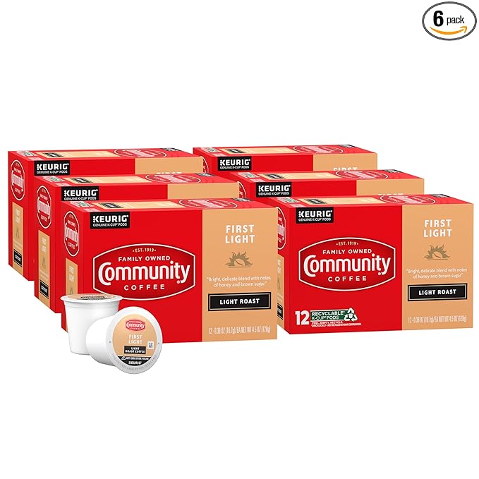 Community Coffee First Light, 72 Keurig Coffee Pods, Light Roast, Compatible with all K-Cup Brewers, 12 Count (Pack of 6)