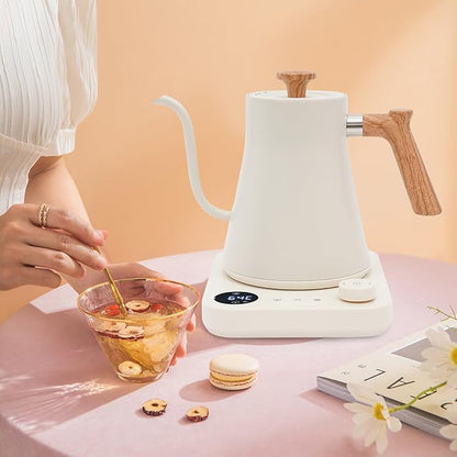 Electric Gooseneck Kettle, Temperature Control Kettle 0.9L Coffee Pot with Heating Base for Home Office Hotel Restaurant White