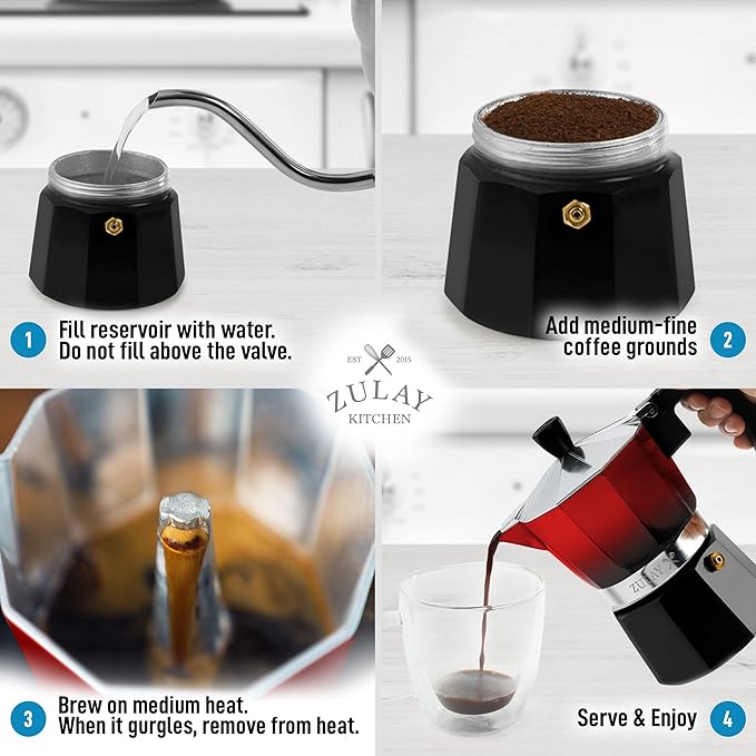 Zulay Kitchen Stovetop Espresso Maker - Moka Pot 3 Espresso Cups - Percolator Coffee Maker for Classic Cuban & Italian Style Espresso - Portable Coffee Maker for Camping & Travel - (Red/Black)