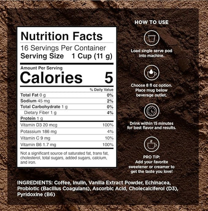 VitaCup Immunity Coffee Pods, Wellness Boost with Antioxidants, Echinacea, Probiotics, Vitamin C & D3, Medium Dark Roast, Recyclable Single Serve Pod Compatible with Keurig K-Cup Brewers,16 Ct