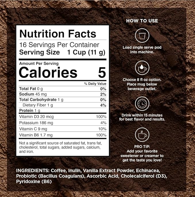 VitaCup Immunity Coffee Pods, Wellness Boost with Antioxidants, Echinacea, Probiotics, Vitamin C & D3, Medium Dark Roast, Recyclable Single Serve Pod Compatible with Keurig K-Cup Brewers,16 Ct