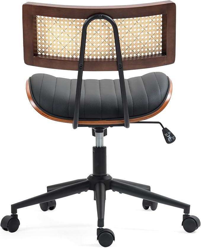 Home Office Chair with Wheels, Adjustable Height Desk Chair with Rattan Backrest, Leather Swivel Computer Chair, Armless Modern Walnut Chair for Office, Meeting Room, Black