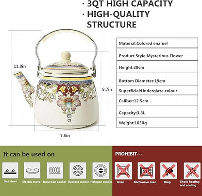 Floral Ceramic Enamel Teapot Tea Kettle for Stovetop,Large Porcelain Enameled Teakettle (3.3QT Mystery flower)