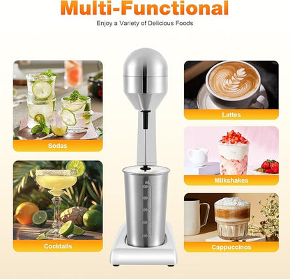 Electric Drink Mixer, Restaurant-Quality Retro Milkshake Maker & Milk Frother with 2 Speeds and 17 oz. Stainless Steel Cup, Smoothie Ice Cream Mixer for Commercial and Home