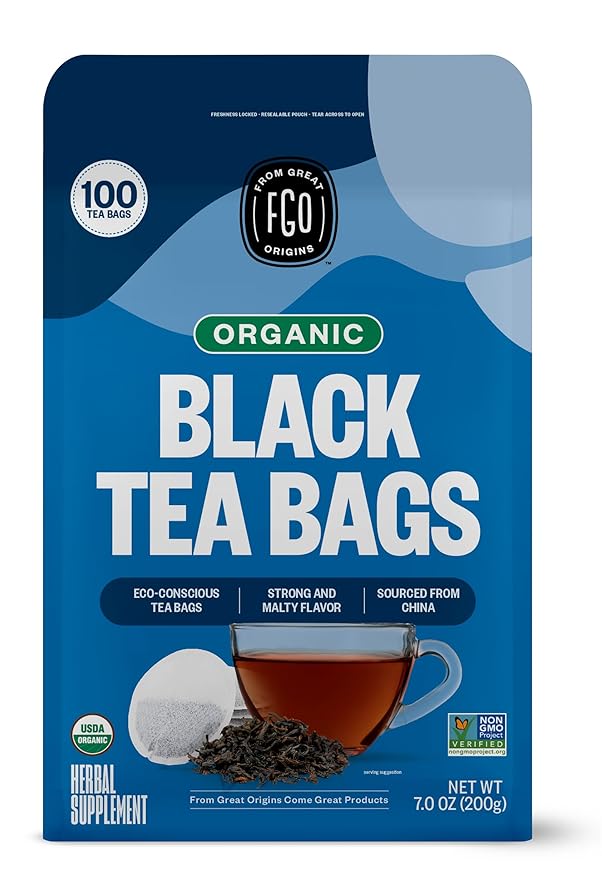 FGO Organic Black Tea, 100 Count, Eco-Conscious Tea Bags, Caffeinated, Resealable Bag, Packaging May Vary (Pack of 1)