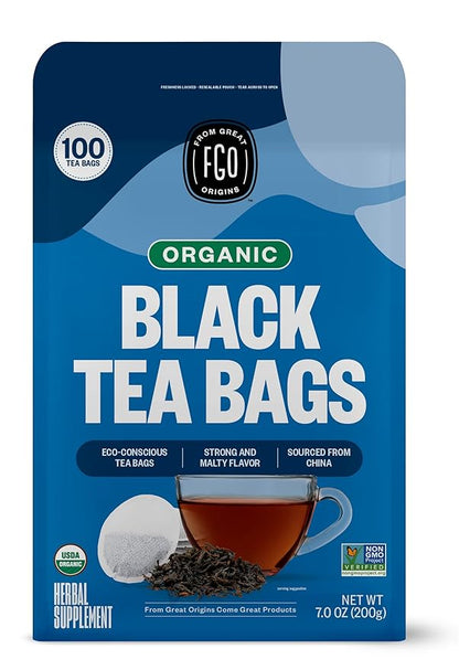 FGO Organic Black Tea, 100 Count, Eco-Conscious Tea Bags, Caffeinated, Resealable Bag, Packaging May Vary (Pack of 1)