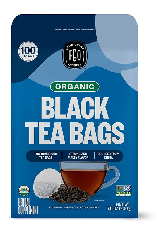 FGO Organic Black Tea, 100 Count, Eco-Conscious Tea Bags, Caffeinated, Resealable Bag, Packaging May Vary (Pack of 1)
