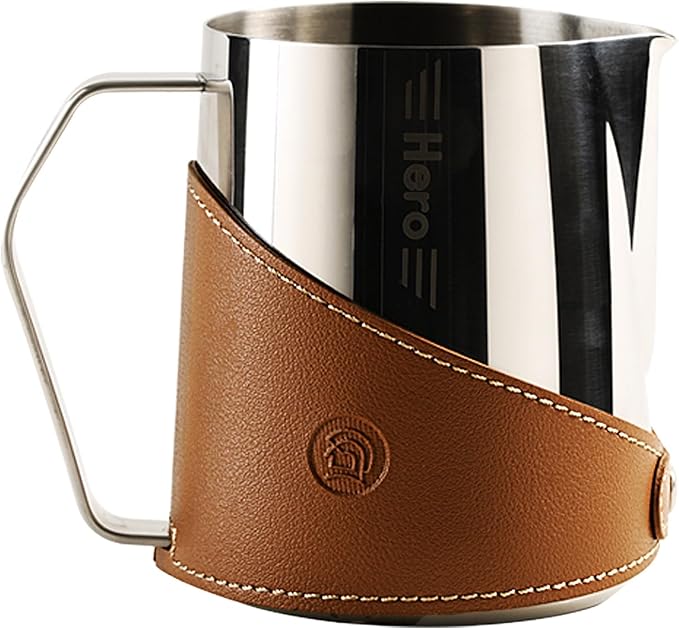 Milk Frothing Pitcher 450ml/16oz 304 Stainless Steel Espresso Steaming Pitcher with PU Leather, Milk Frothing Jug,milk frother cup,Milk Jug Cup,Premium Barista Tools,Latte Art (Bright,16oz)