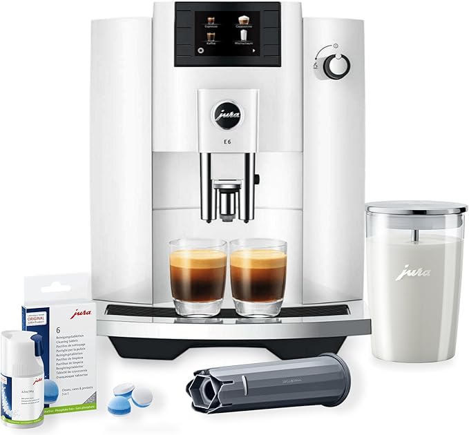 Jura E6 Automatic Espresso Machine (White) Bundle with Water Stabilizer, Cleaning Tablets, Milk System Cleaner, and Milk Container Kit for Exceptional Home Coffee Experience (5 Items)