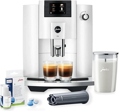 Jura E6 Automatic Espresso Machine (White) Bundle with Water Stabilizer, Cleaning Tablets, Milk System Cleaner, and Milk Container Kit for Exceptional Home Coffee Experience (5 Items)
