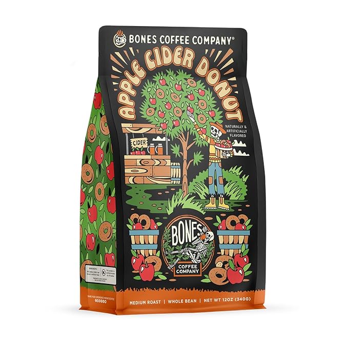Bones Coffee Company Apple Cider Donut Flavored Coffee, Medium Roast Low Acid Arabica Beans Compatible with Auto drip and French Press Coffee Maker, 12 Oz Whole Bean