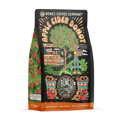 Bones Coffee Company Apple Cider Donut Flavored Coffee, Medium Roast Low Acid Arabica Beans Compatible with Auto drip and French Press Coffee Maker, 12 Oz Whole Bean