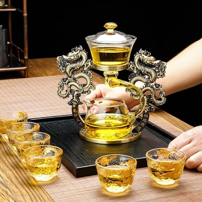 Semi Automatic Drip TeaPot, Lazy Kung Fu Glass Magnetic Tea Set, Pure Copper Heat Resistant Glass Magic Teapot Set, Suitable for home/office Reception Tea Set, Perfect for Holiday Gifts