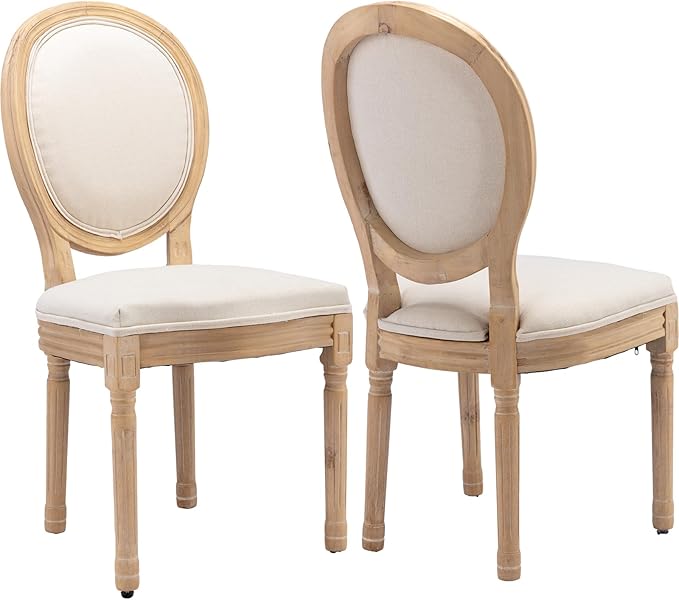 Vintage French Country Dining Chairs Set of 2, Linen Fabric Dining Chair with Solid Wood Legs, Beige Upholstered Dining Chairs, Sillas para Comedor, Kitchen & Dining Room Chair (Beige, Linen, 2Pcs)