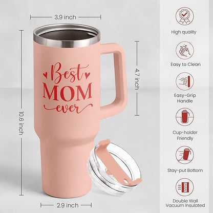 SANDJEST Mom Gifts Best Mom Ever Tumbler Stainless Steel 40oz with Handle Insulated Travel Cup - Mom Travel Coffee Mug, Mother's Day Christmas Birthday Gifts from Son Daughter