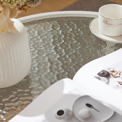 VINGLI 25.6" Coffee Table for Living Room, Round Water-Wave Glass Metal Center Table, Modern Rattan Coffee Table with 2-Tier Storage, Farmhouse Circular End Table for Small Space, White