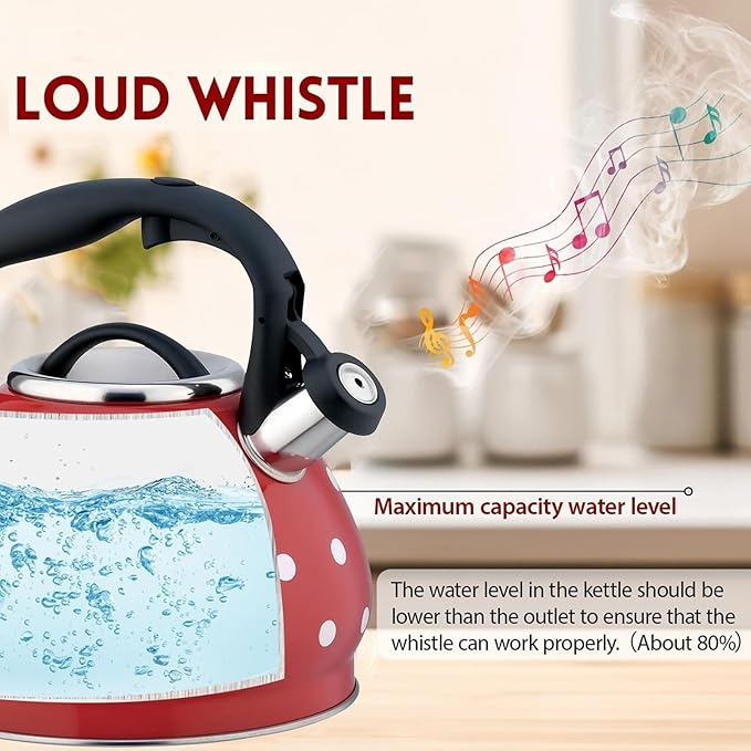 Tea Kettle Stovetop, Whistling Teapot 304 Stainless Steel 3.2 Quart Teakettle, Polka Dot Teapots for Stove Top, Whistle Tea Pot with Cool Touch Ergonomic Handle (Red, 3.2 Quarts)