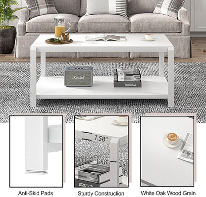 EXCEFUR White Coffee Table with Storage, Modern Center Table for Living Room, Rustic Wood and Metal Cocktail Tables, White Oak