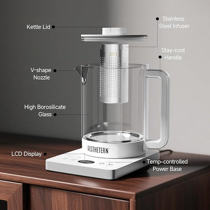 Electric Tea Kettle with Infuser, 1.5L Glass Water Boiler with Temperature Control, 24H Keep Warm & Auto Shut-Off, White