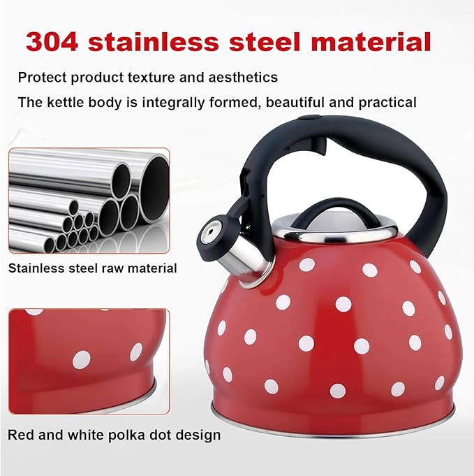 Tea Kettle Stovetop, Whistling Teapot 304 Stainless Steel 3.2 Quart Teakettle, Polka Dot Teapots for Stove Top, Whistle Tea Pot with Cool Touch Ergonomic Handle (Red, 3.2 Quarts)