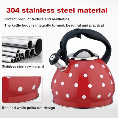 Tea Kettle Stovetop, Whistling Teapot 304 Stainless Steel 3.2 Quart Teakettle, Polka Dot Teapots for Stove Top, Whistle Tea Pot with Cool Touch Ergonomic Handle (Red, 3.2 Quarts)