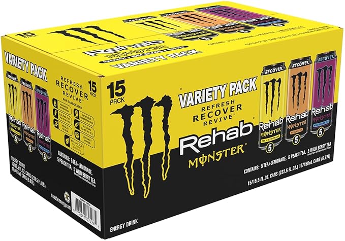 Monster Energy Rehab Tea + Lemonade, Peach, Wild Berry, Variety Pack, Energy Iced Tea,15.5 Ounce (Pack of 15)