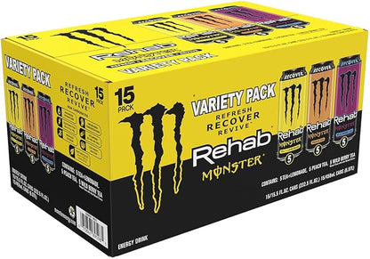 Monster Energy Rehab Tea + Lemonade, Peach, Wild Berry, Variety Pack, Energy Iced Tea,15.5 Ounce (Pack of 15)