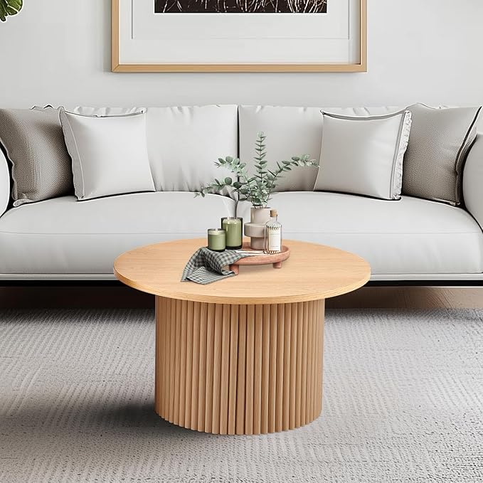 NORDICANA Single Accent Round Coffee Table, 27.5 Inch Wide 16.7 Inch Tall Oak Color Farmhouse Center Table for Living Room, Manufactured Wood Top with Oak Veneer 16.7 Height Tall