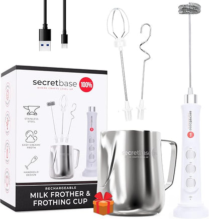 Secretbase 3 Speed Rechargeable Milk Frother, Pitcher, Charging Base - Handheld Mixer for Latte, Drinks, Matcha - Includes Cup, Electric Stirrer, Double-Whisk Frother for Coffee, Egg Beater (White)
