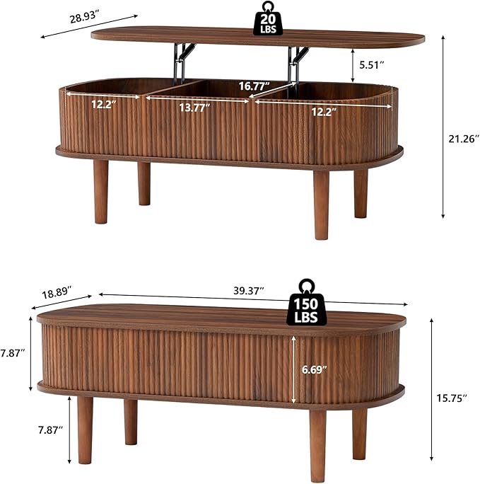 Fluted Lift Top Coffee Table with Hidden Compartment, Fully Assembled Wooden Center Table, Modern Oval Lift Tabletop for Home Living Room Office, Walnut