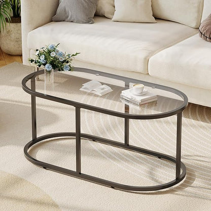 Coffee Table Black Glass Coffee Tables for Living Room, Oval Table Center Table with Sturdy Metal Frame,Modern Tempered Glass Accent Tables for Bedroom Home Office