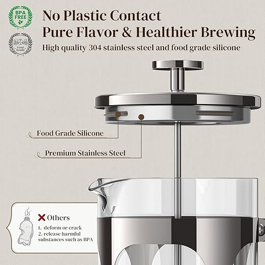 Veken French Press Coffee Maker 34oz 1 L, Heat Resistant Thickened Borosilicate Glass, No Plastic Touching Cafe, Stainless Steel Brewer,Cold Brew Cafetera Teapot for Kitchen Travel Camping,Dark Pewter