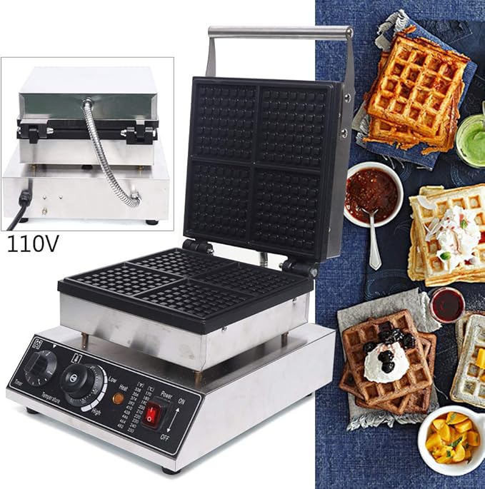 110V Commercial Waffle Maker 4Pcs Nonstick 1750W Electric Waffle Machine Stainless Steel Waffle Maker Suitable for Bakeries Snack Bar Family