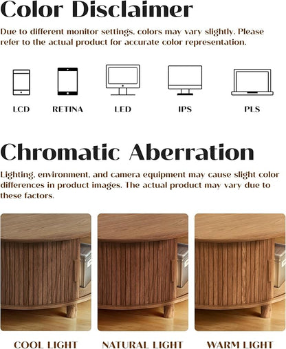 Round Lift Top Coffee Table with Storage, Mid Century Modern Center Table with 180° Sliding Tambour Door, Small Circle Wood Fluted Dining Table for Living Room, Walnut