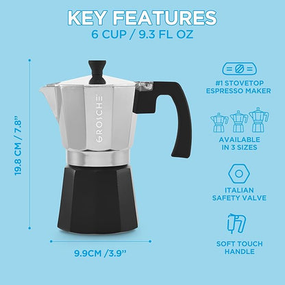 GROSCHE Milano Stovetop Espresso Maker Moka Pot Cuban Coffee Maker Stovetop Coffee Maker Moka Italian Greca Brewer Percolator | 6 Espresso Cup, Tuxedo