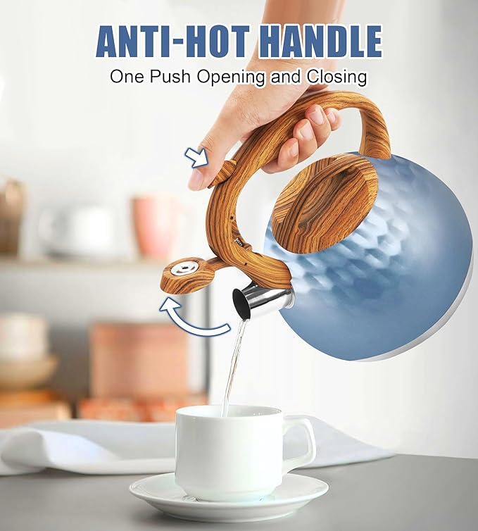 Stainless Steel Tea Kettle Blue, Teapot 3.2 Quart Whistling Tea Kettle, Tea Pots for Stove Top with Wood Pattern Handle, Gas Electric Applicable