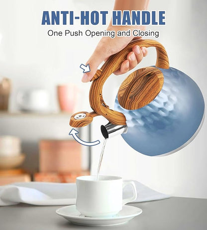 Stainless Steel Tea Kettle Blue, Teapot 3.2 Quart Whistling Tea Kettle, Tea Pots for Stove Top with Wood Pattern Handle, Gas Electric Applicable