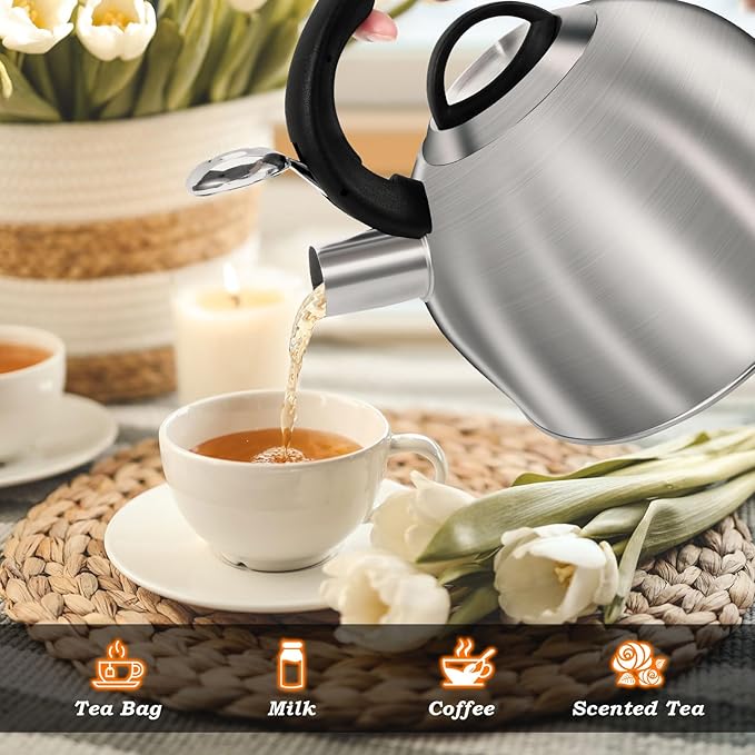Whistling Stovetop Tea Kettle, 3L Food-Grade 304 Stainless Steel Teapot, Ergonomic Handle,Hot Water Quick Boil,All Metal Stove Kettle Rust Resistant and Durable,With Anti-Scald Towel(Silver)