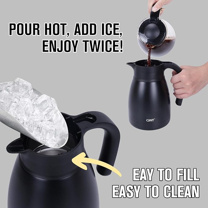 GiNT 1L / 34Oz Thermal Coffee Carafe, Insulated Stainless Steel Coffee Carafes for Keeping Hot/Double Walled Vacuum Thermal Carafe (Black)