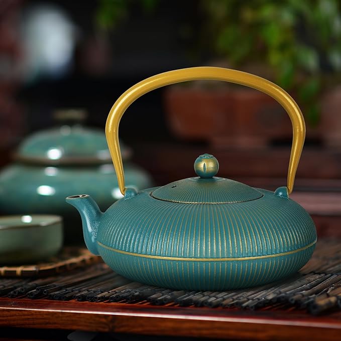 Green Cast Iron Teapot Large Capacity 40oz/1200ml with Infuser for Loose Leaf Stovetop Safe Vertical Stripe Flat Tea Kettle, Enameled Interior